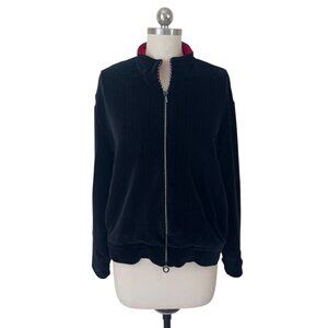 St. John Sport Marie Gray Velour Track Jacket Womens Large Black Pinstriped